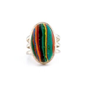 Statement Sterling Silver Multi Color Rainbow Calsilica Stripe Ring Size 8